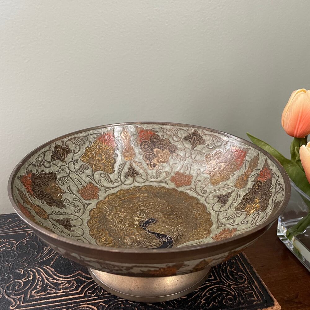 Vintage Peacock Brass Enamel Pedestal Bowl 7.5"